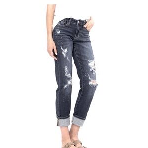 Judy Blue Dark Ripped Distressed Boyfriend Fit Mid Rise Grunge Splatter Jeans